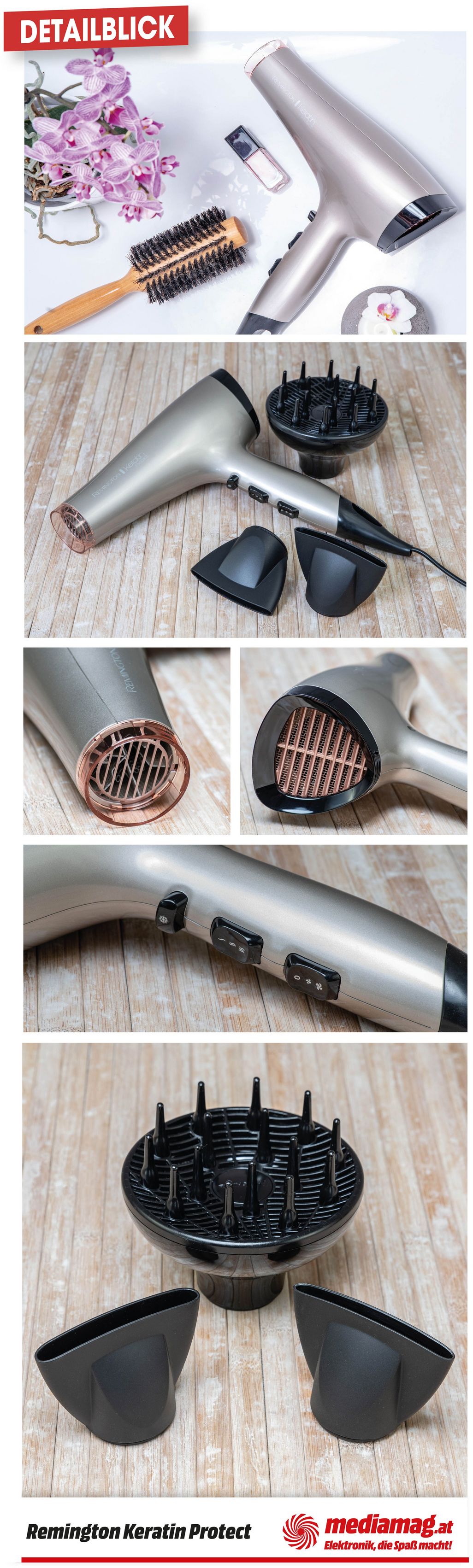 Remington Keratin Protect Haartrockner AC8002: Stylingdüsen, Diffusor und Keratinbeschichtung stylen das Haar schonend.