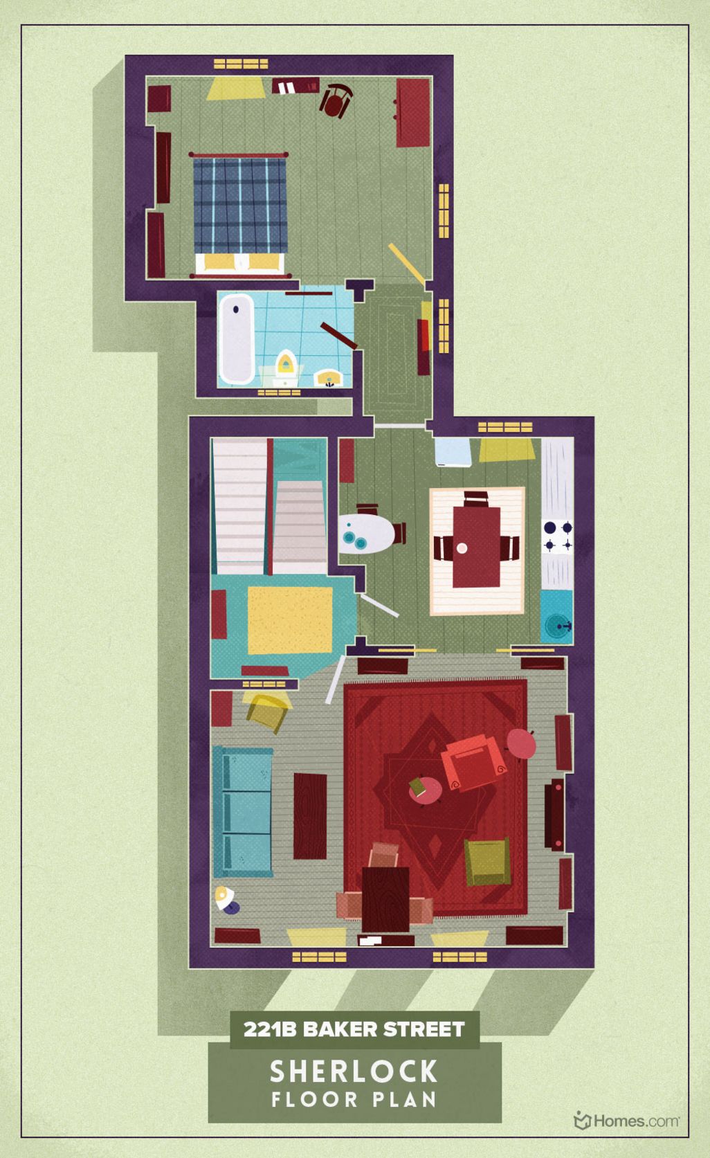 Die Wohnung von Sherlock Holmes aus der TV-Serie Sherlock im Grundriss.