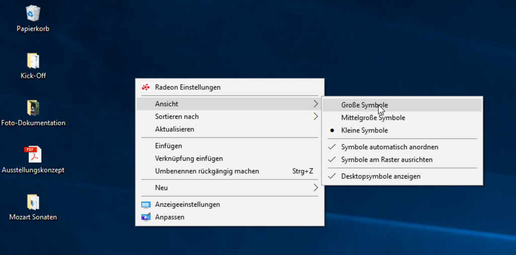 Am Desktop wählen Sie im Kontextmenü „Ansicht“ zwischen unterschiedlichen Symbolgrößen Ihrer Windows-Ordner. 
