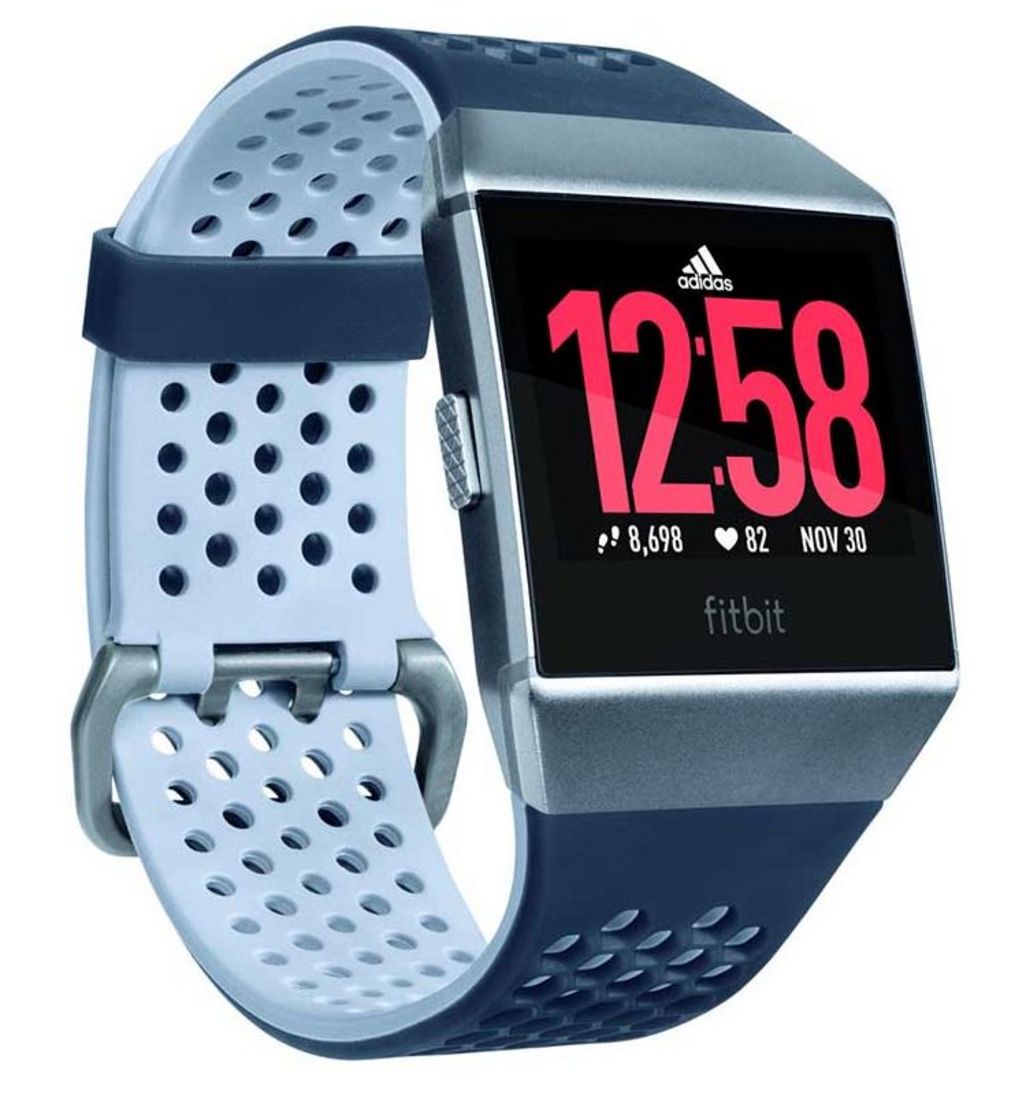 Das atmungsaktive Armband ist in den typischen adidas-Farben Blau und Grau gehalten.