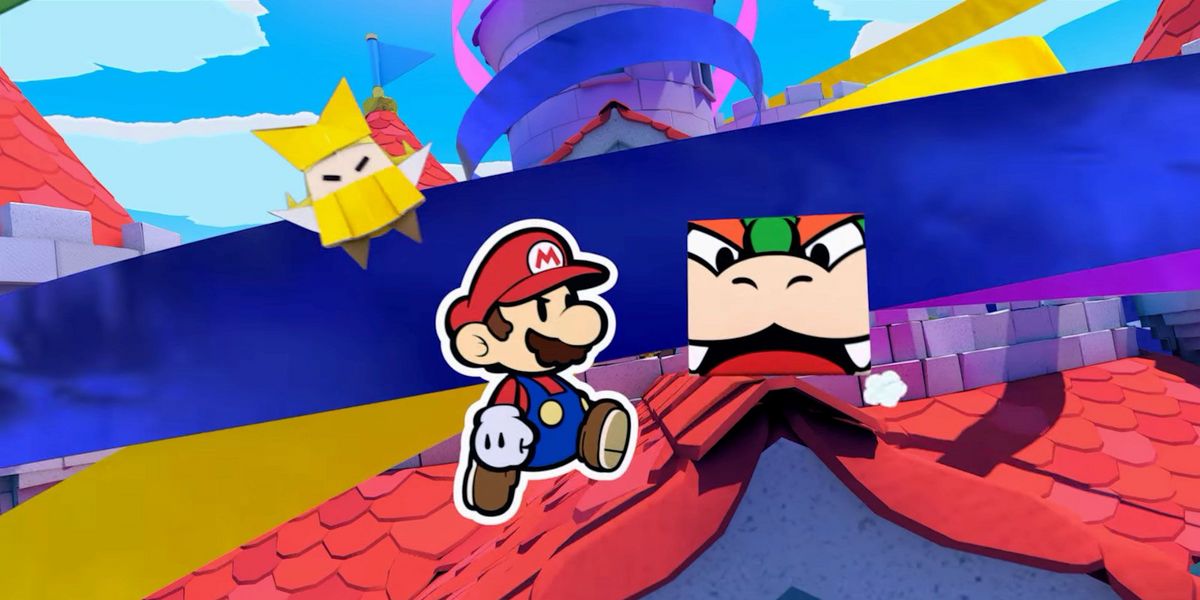 Mario kämpft gegen Origami-Bösewichte.