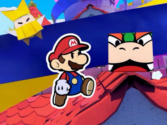 Mario kämpft gegen Origami-Bösewichte.