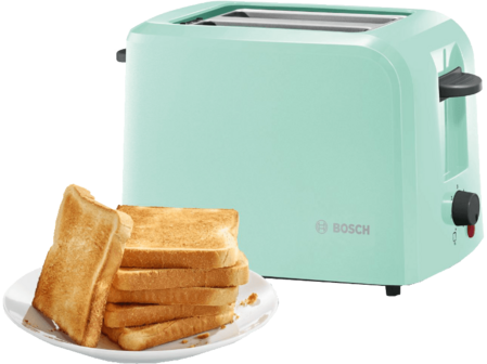 Der Kompakt-Toaster CompactClass von Bosch in Mint macht eine gute Figur auf dem Frühstückstisch.
