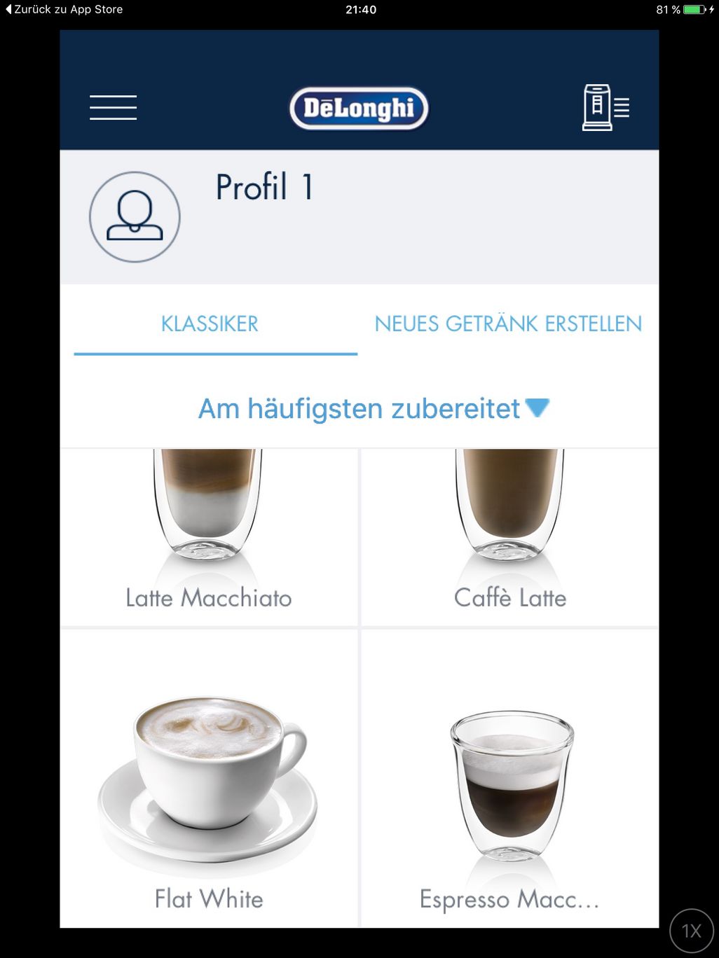 Das richtige Kaffeerezept wird per App ausgewählt