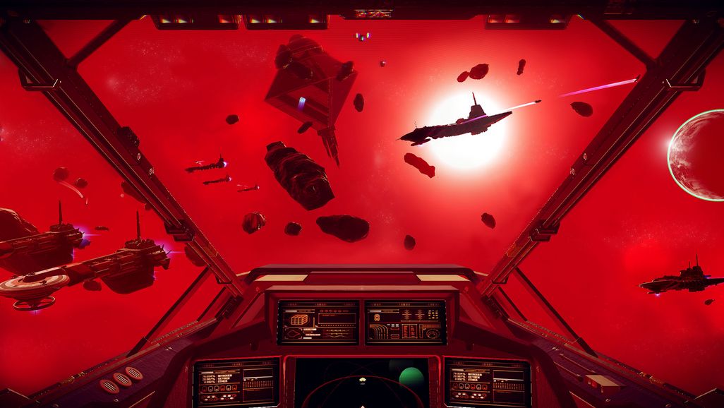 Der Blick vom Cockpit des Raumschiffes in den Weltraum.